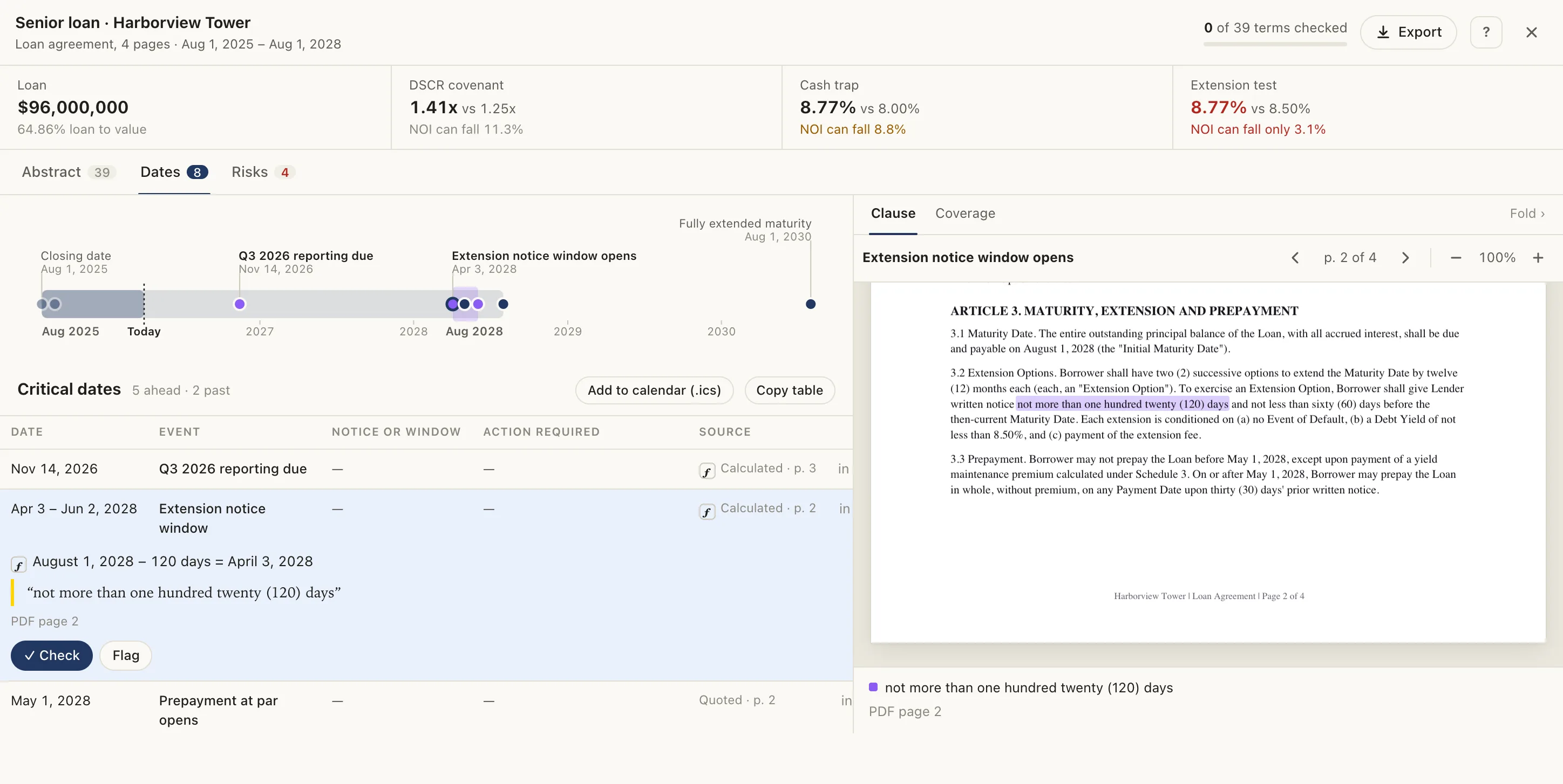 Loan critical dates, with the extension notice window next to its highlighted clause