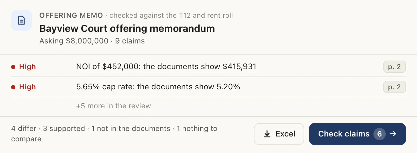 The offering memo card: the claims that differ from the documents, and a button to check the claims
